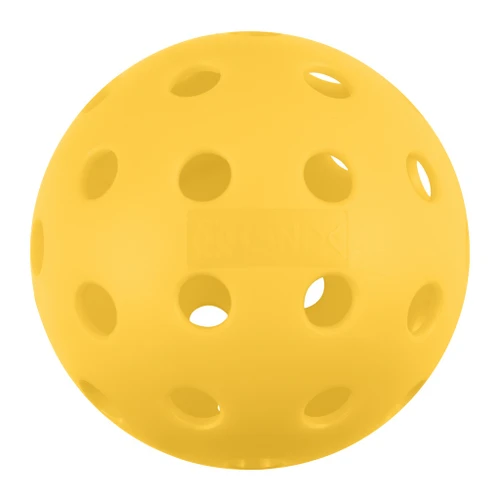 Onix Fuse G2 outdoor pickleball in Yellow, close-up studio shot showing the hole pattern and embossed Onix logo