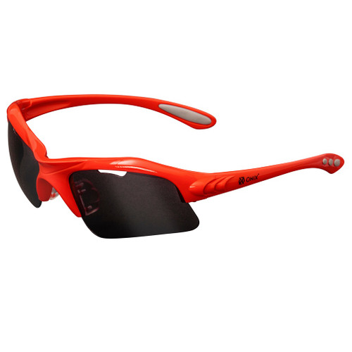 Onix Eagle pickleball glasses, angled view showing the red frame with grey temple tips and dark lens