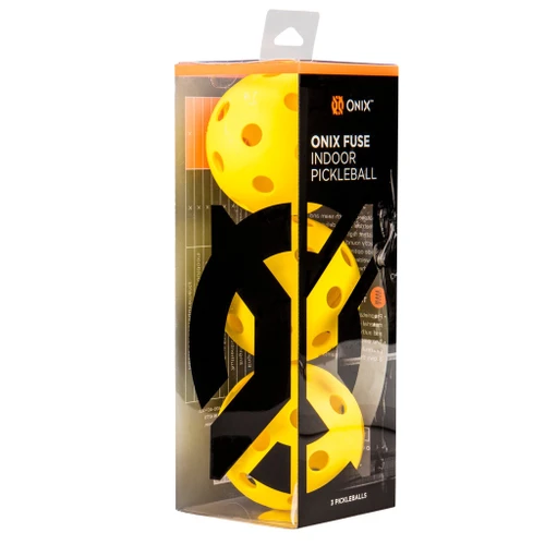 Onix Fuse Indoor Pickleball retail box (3-pack, Yellow), side panel showing product details and USA address