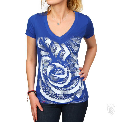 The original Money Rose design On A Royal V-Neck Tee