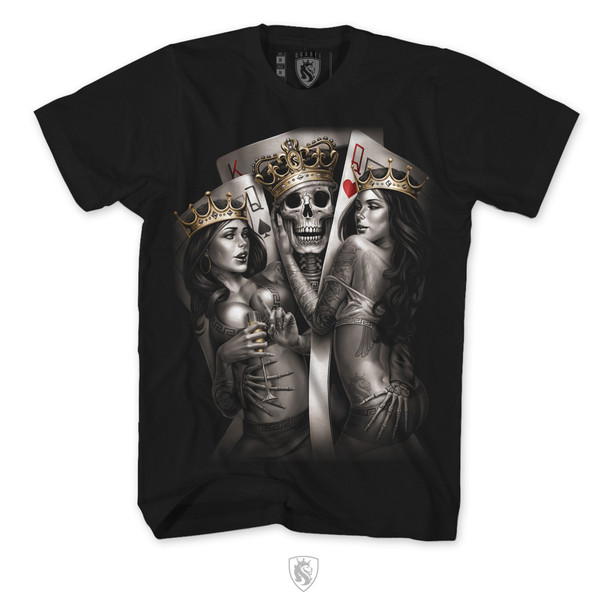 2 Of A Kind, featuring A king and 2 Queens on a black tee.