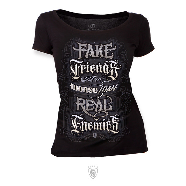 Fake Friends are worse than Real Enemies lettering style design on Scoop neck tee