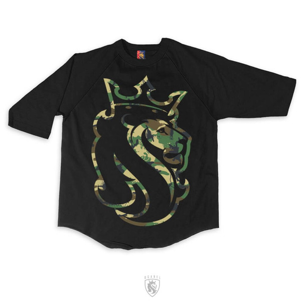 ogabel lion logo with army camouflage print on a Raglan