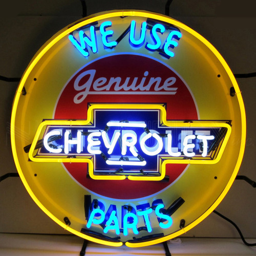 We Use Chevrolet Parts Chevy Round Neon Sign mancavemall.com Man Cave Mall