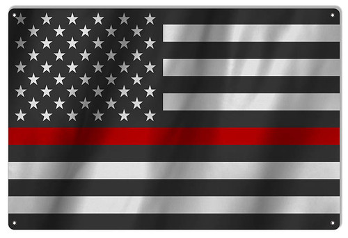 Fireman Firefighter Thin Red Line USA American Flag US United States Metal Sign 1218 Man Cave Mall mancavemall.com