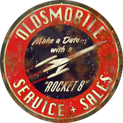 Rocket 8 Oldsmobile Service & Sales Distressed Style Metal Sign 14 Round Man Cave Mall mancavemall.com