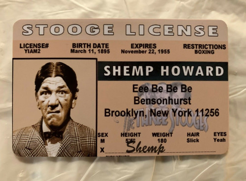 Shemp Howard, The Three Stooges, Shemp, TV Show, Classic TV, Drivers License, ID, ID Card, Fake Joke ID,  Novelty Drivers License, Fake ID, Joke ID, Fake License, Joke License, Novelty ID Card, Novelty ID  Man Cave Mall Mancavemall Mancavemall.com
