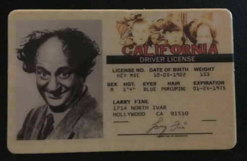 Larry Fine, The Three Stooges, Larry, TV Show, Classic TV, Drivers License, ID, ID Card, Fake Joke ID,  Novelty Drivers License, Fake ID, Joke ID, Fake License, Joke License, Novelty ID Card, Novelty ID  Man Cave Mall Mancavemall Mancavemall.com