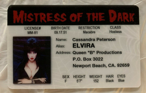 Elvira Mistress Of The Dark ID Horror Movie Hostess Novelty Drivers License 2" x 3"  Movie, Classic Movie, Classic Horror, Classic Horror Movies, Movie Host, Horror Host, Svengoolie, Metv, Rubber Chicken, Kerwyn, Cassandra Peterson, Drivers License, ID, ID Card, Fake Joke ID,  Novelty Drivers License, Fake ID, Joke ID, Fake License, Joke License, Novelty ID Card, Novelty ID