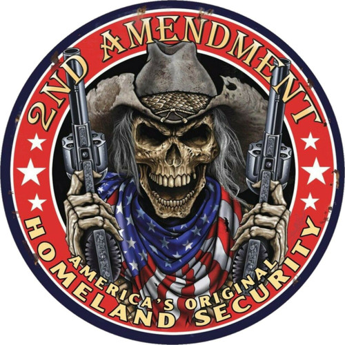 Cowboy Skeleton Gun Rights Second Amendment Sticker Version 2 2nd Amendment Right to Bear Arms Gun Control Decal. Americas Original Homeland Security Gun Rights NRA National Rifle Association Round Decal Sticker in various sizes  Man Cave Mall mancavemall.com