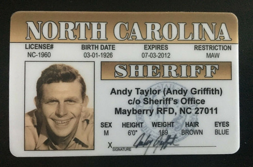 Andy Taylor, Barney Fife, Andy Griffith Show, Andy Griffith, Don Knotts, TV Show, Classic TV, Drivers License, ID, ID Card, Fake Joke ID,  Novelty Drivers License, Fake ID, Joke ID, Fake License, Joke License, Novelty ID Card, Novelty ID Man Cave Mall Mancavemall Mancavemall.com