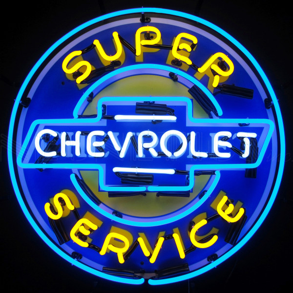 Super Chevy Service Chevrolet Round Neon Sign With Backing mancavemall.com Man Cave Mall
