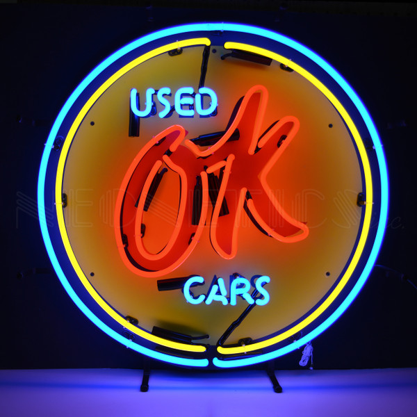 OK Used Cars GM Round Neon Sign Man Cave Mall Mancave Mall mancavemall.com