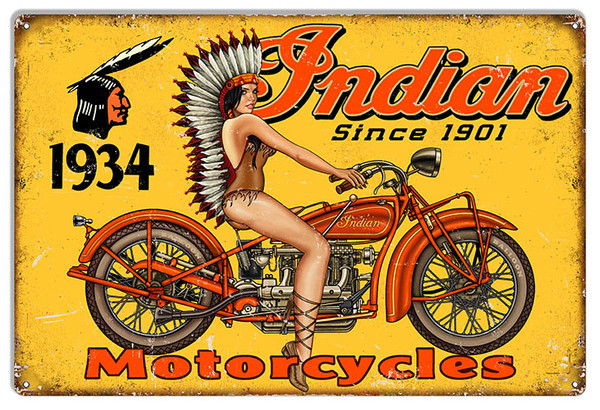 1934 Indian Motorcycles Since 1901 Pin Up Girl 3 sizes 12 x 18 16 x 24 18 x 30 Sturdy Aluminum Sign Motocycle Motorcycle Motocycles Pinup Girl man cave mall mancavemall.com