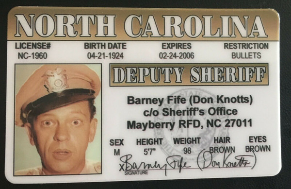 Barney Fife, Andy Griffith Show, Andy Griffith, Don Knotts, TV Show, Classic TV, Drivers License, ID, ID Card, Fake Joke ID,  Novelty Drivers License, Fake ID, Joke ID, Fake License, Joke License, Novelty ID Card, Novelty ID Man Cave Mall Mancavemall Mancavemall.com