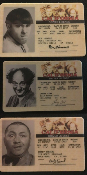 Moe Howard, Larry Fine, Curly Howard, Moe, Larry, Curly, Moe Larry & Curly, Moe Larry and Curly, The Three Stooges, TV Show, Classic TV, Drivers License, ID, ID Card, Fake Joke ID,  Novelty Drivers License, Fake ID, Joke ID, Fake License, Joke License, Novelty ID Card, Novelty ID Man Cave Mall Mancavemall Mancavemall.com