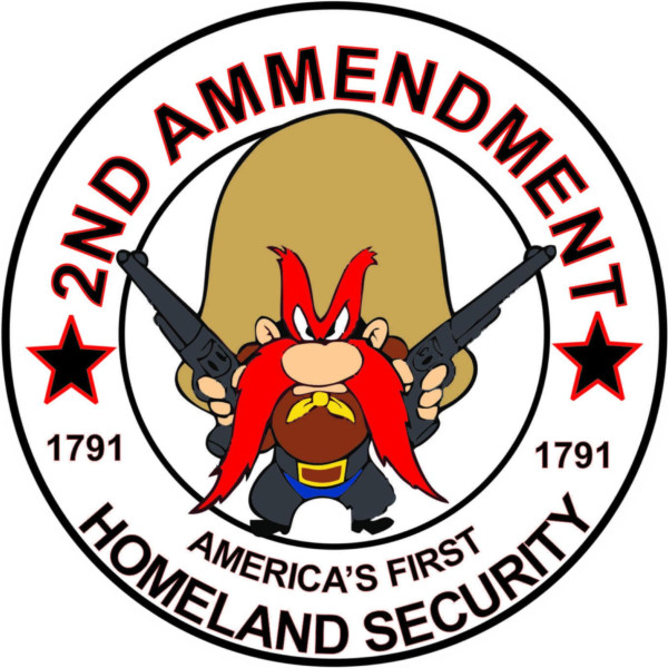 Yosemite Sam Gun Rights Second Amendment Sticker Version 2 2nd Amendment Right to Bear Arms Gun Control Decal. Americas First Homeland Security Gun Rights NRA National Rifle Association Round Decal Sticker in various sizes  Man Cave Mall mancavemall.com