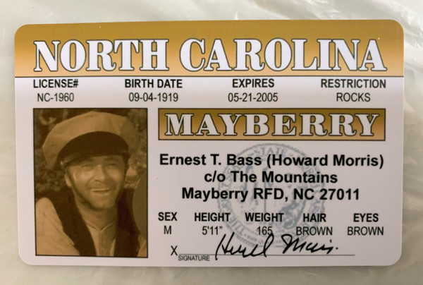 Ernest T Bass, Andy Taylor, Barney Fife, Andy Griffith Show, Andy Griffith, Don Knotts, TV Show, Classic TV, Drivers License, ID, ID Card, Fake Joke ID,  Novelty Drivers License, Fake ID, Joke ID, Fake License, Joke License, Novelty ID Card, Novelty ID Man Cave Mall Mancavemall Mancavemall.com