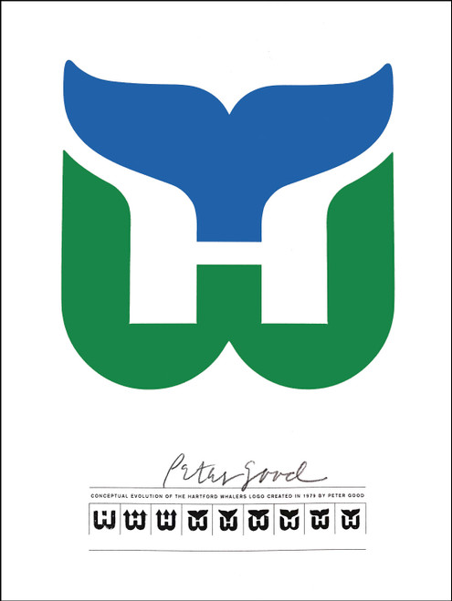 Epson archival print of logo/design history by Peter Good, creator of the original Hartford Whalers logo in 1979.
14" x 20"  Unframed  Peter individually signs each print and will personalize upon request.