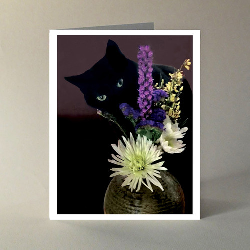 A special edition of an image featured in our 2021 book, CATS CAN!

Each card is individually printed, scored and folded in our home studio.
Boxed set of 10 note cards with envelopes in craft gift box with clear cover.
A2 size (4.25″ × 5.5″) on 80 lb. recycled white cover stock.

Message inside: 
You do something to me
Something that simply mystifies me
Tell me, why should it be
You have the power to hypnotize me?

Let me live ‘neath your spell
Do, do that voodoo that you do so well
For you do something to me
That nobody else could do

Cole Porter