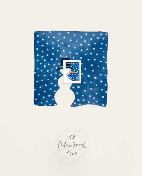 In order to share his 1994 USPS Snowman Stamp, Peter painted a watercolor background for the image, then attached the actual stamp. He personally signs and numbers each print within the blank embossed form.

Offset print on archival superfine paper, 8" × 10"
Edition of 500, unframed
