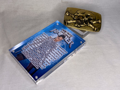 Tomb Raider, Skull and Crossbones Belt Buckle, Real Prop Replica, Acrylic Display Plaque and Item Stand, Metal, Gold, Signed, Numbered, Limited Edition