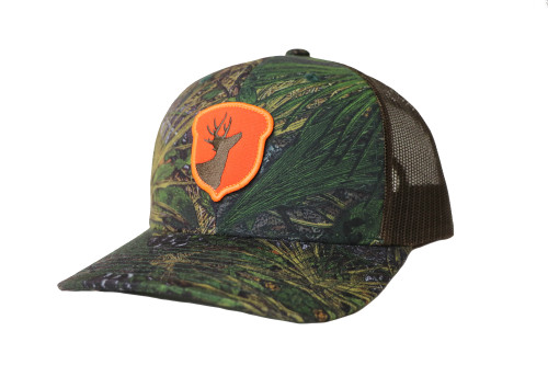 Green camo trucker hat with brown mesh back and orange Flatwoods logo