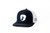 Navy trucker hat with mesh back and white Flatwoods logo