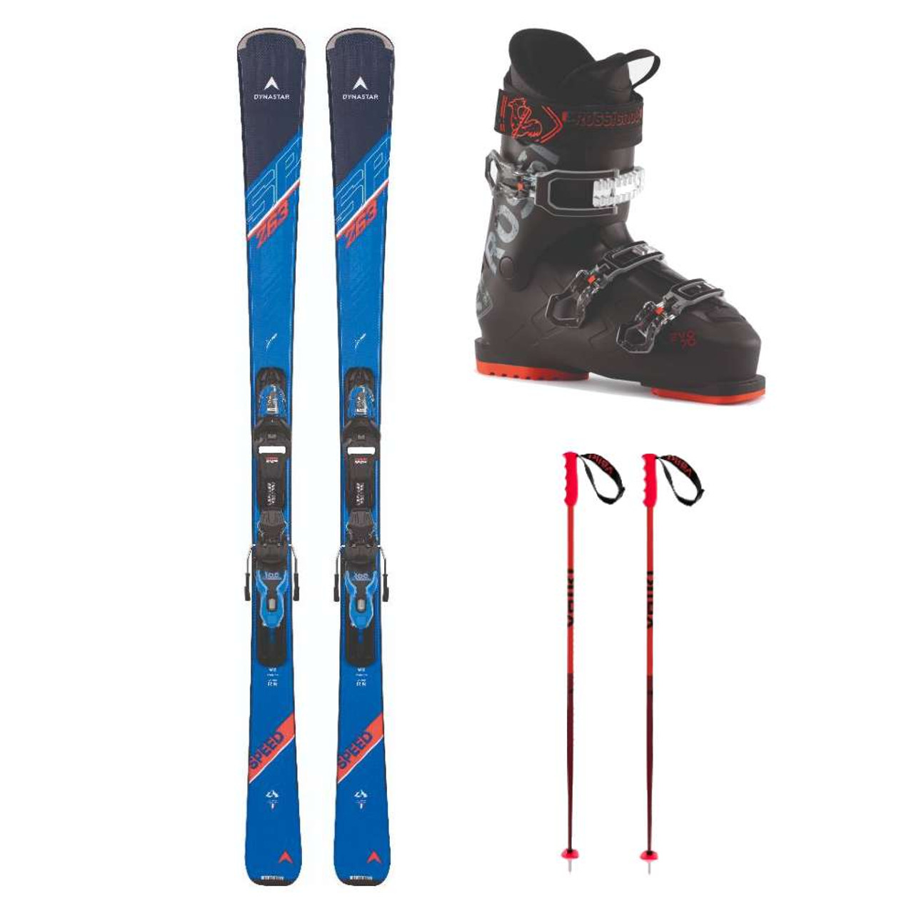 Dynastar Speed 263 Skis w/ Rossignol EVO 70 Mens Ski Boots and Volkl  Speedstick Ski Poles