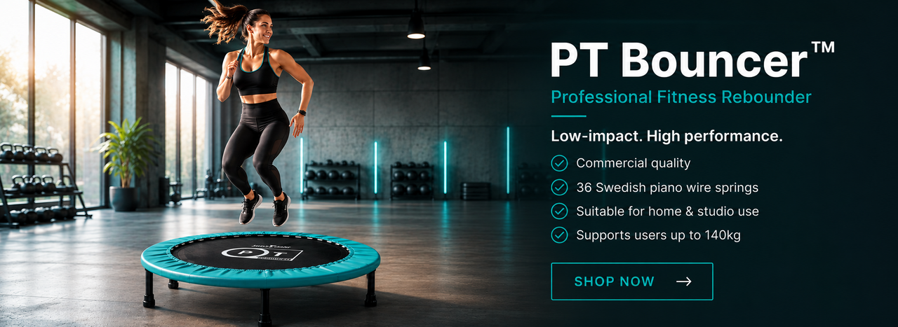 PT Bouncer fitness rebounder with piano wire springs for a low-impact bounce
