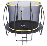 12ft Telstar Orbit trampoline with black powder-coated frame, jet black safety padding, and enclosed safety net, shown assembled