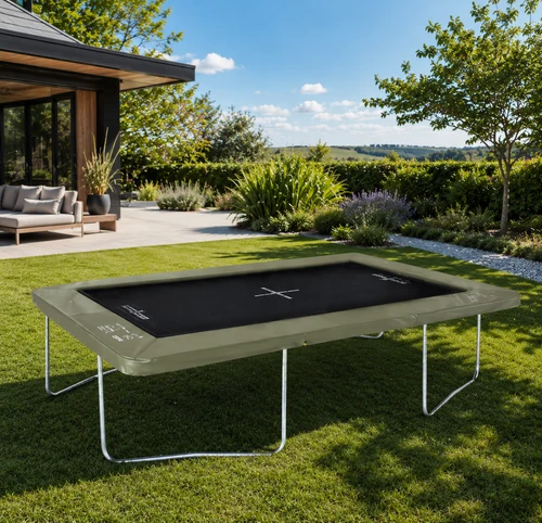 Super Tramp 10 x 7ft Rectangular Trampoline in a garden setting