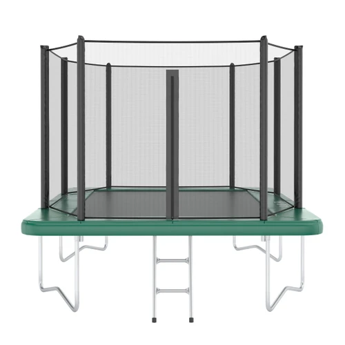 Akrobat Orbit rectangular trampoline with green pad and zip entry