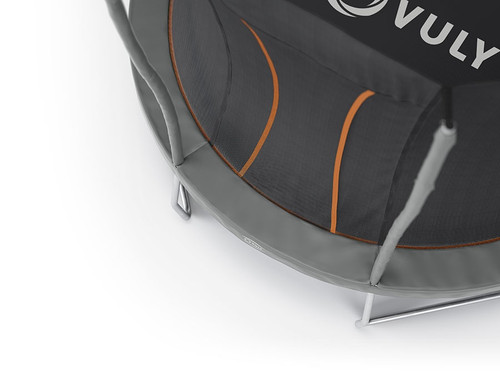 Close-up of the tight-weave safety netting and curved poles on the Vuly Ultra Large trampoline