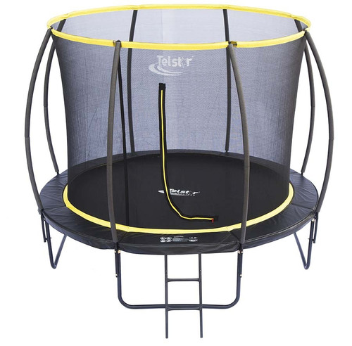 14ft Telstar Orbit trampoline with black powder-coated frame, jet black safety padding, and enclosed safety net, shown assembled