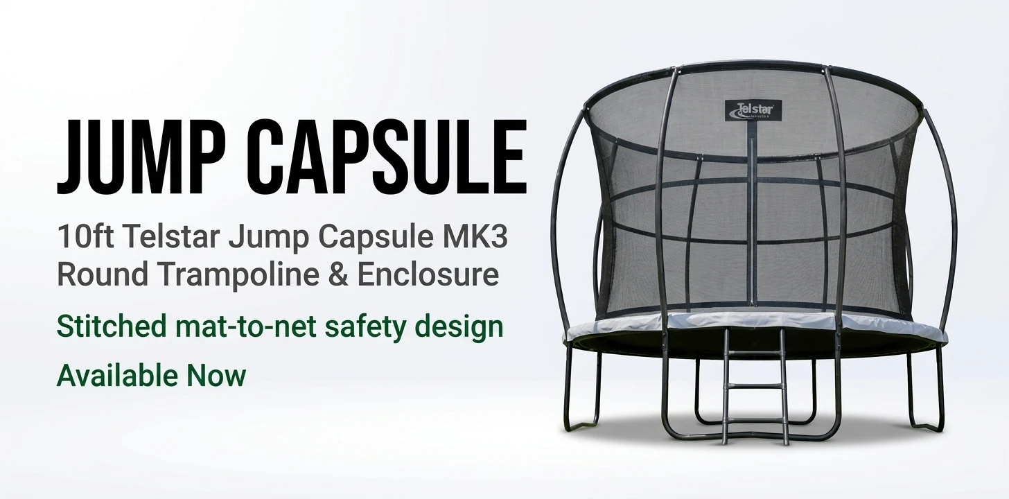 10ft Telstar Jump Capsule MK3 round trampoline with black safety enclosure net, beside the text "Jump Capsule – stitched mat-to-net safety design – available now