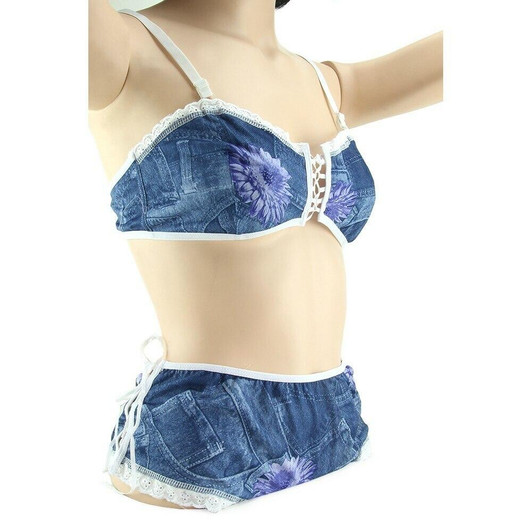 Erotique Denim Tie-Up Bra & Low-Rise Panty in OS at Bed Time Toys