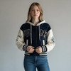 Ladies New York Chenille Cropped Varsity Hooded Jacket - Navy on model