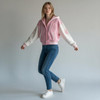 Ladies New York Chenille Cropped Varsity Hooded Jacket - Pink on model
