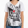 New York Icons Red Heart Rhinestones Ladies V-Neck T-Shirt