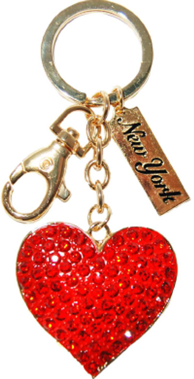 Red Heart Keychain Goldtone Metal Rhinestone Paved Puffy Keyring Clip Love  Gift