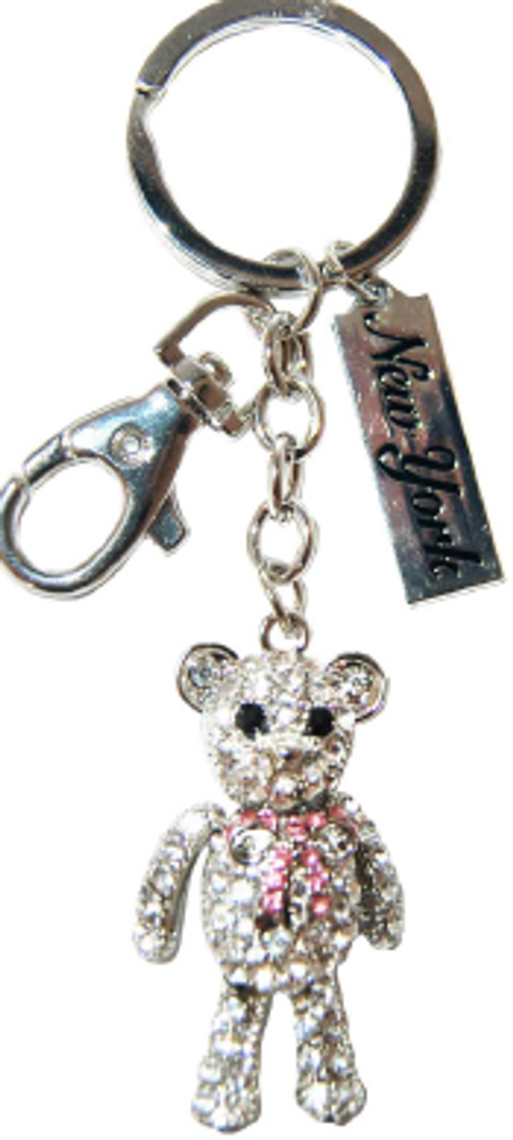 Bear Key Ring with Pink Bow with Diamonds & New York Tag