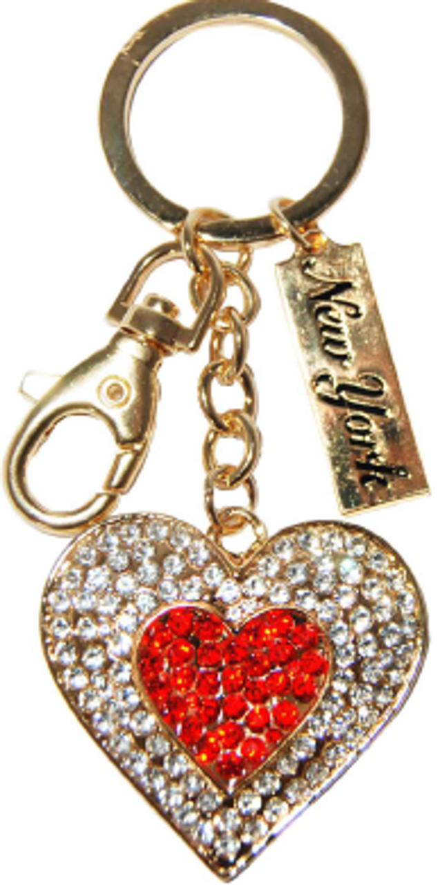 Gold Key Ring Heart with White/Red Diamonds & New York Tag