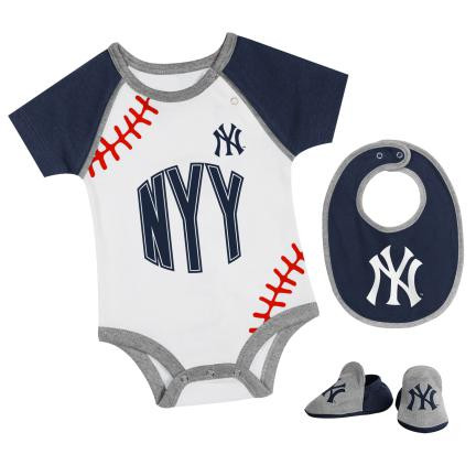 NY Yankees Baby Creeper Bib Booties 3-pc Set Baseball Seams