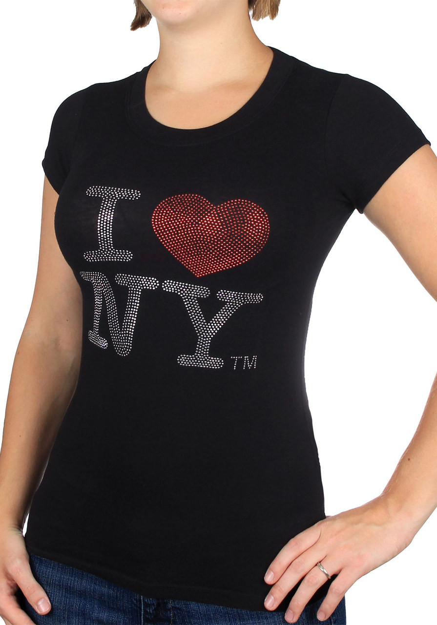 Classic I Heart NY Rhinestoned Ladies Fitted Tee in Black