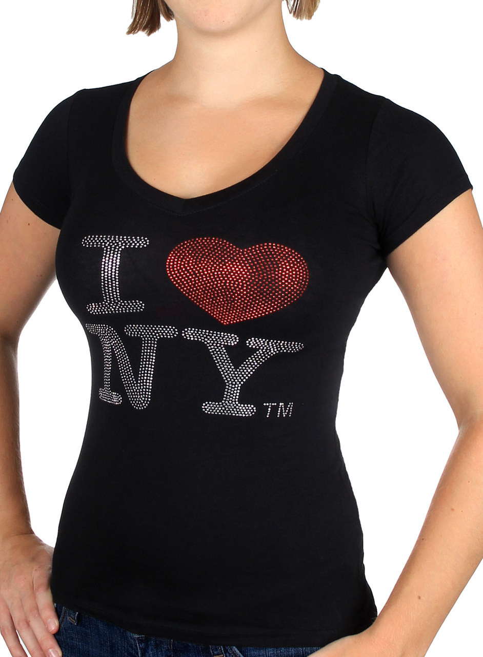 I Love NY Rhinestone Black Ladies V-Neck Tee