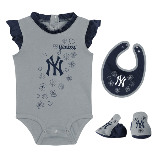 NY Yankees Grey Flowers Baby Creeper Bib & Booties 3-pc Set