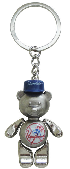 NY Yankees Metal Teddy Bear with Cap Keychain - Silver NY logo