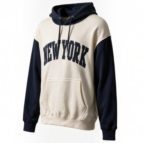 New York Color Block Pullover Hoodie - Cream/Navy