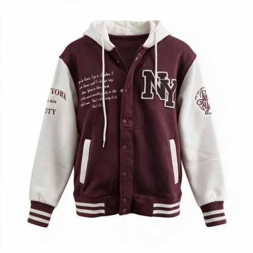 New York Chenille Varsity Hooded Jacket - Maroon/White